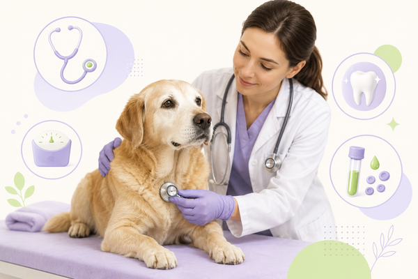 Veterinarian examining a senior dog with icons for the 7 things vets check first