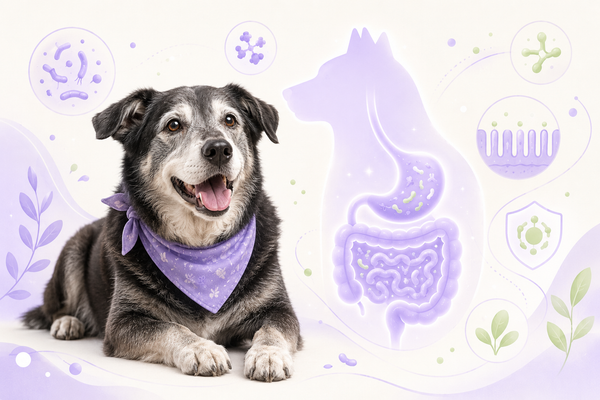 Senior dog with gut microbiome icons for supporting aging gut health