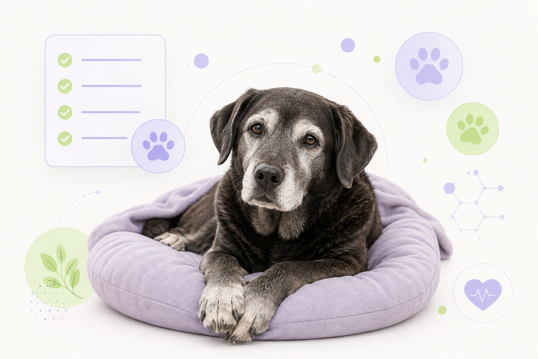 Wise senior dog resting with checklist icons for what vets wish owners knew