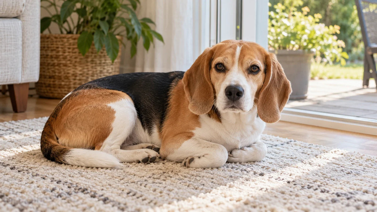 Beagle resting on a rug beside a patio door