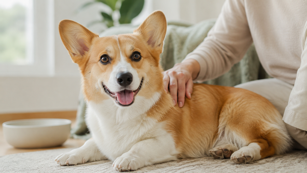 Healthy Pembroke Welsh Corgi with a glossy coat lying relaxed as an owner strokes its back, illustrating a buying guide for dog skin and coat supplements