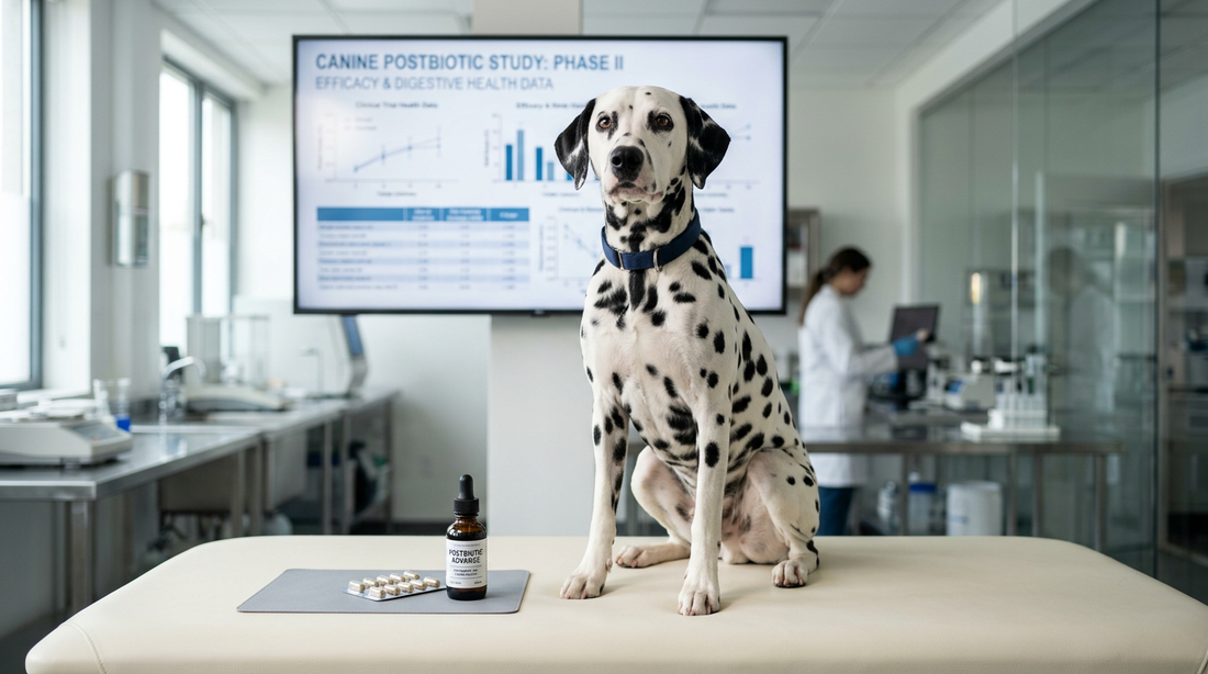 Dalmatian in research room with postbiotic clinical data