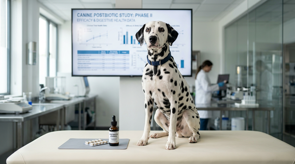 Dalmatian in research room with postbiotic clinical data