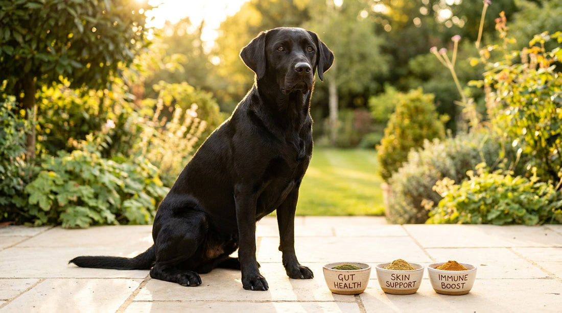 Black Labrador with gut skin immune supplement dishes