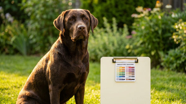 Chocolate Labrador beside poop color reference card