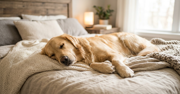 Relaxed Labrador resting on a cozy bed in soft warm light