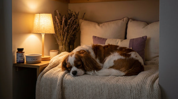 Cavalier King Charles spaniel in cozy den with calming supplement