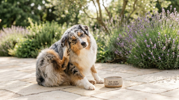 Australian shepherd scratching ear with gut-skin supplement