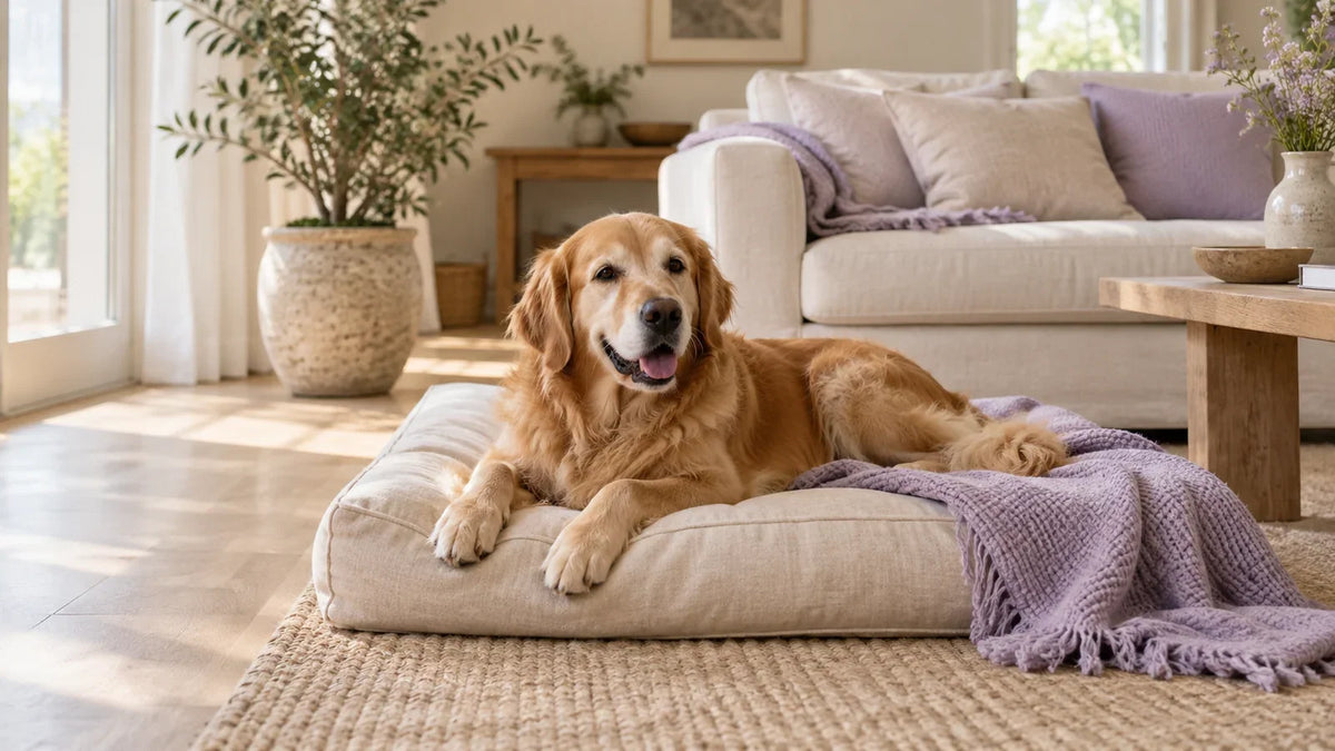 Golden retriever resting on a cream mat beside a lavender blanket in a sunlit living room.
