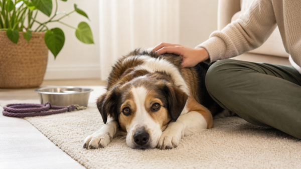 Dog settling calmly beside owner during a quiet home routine