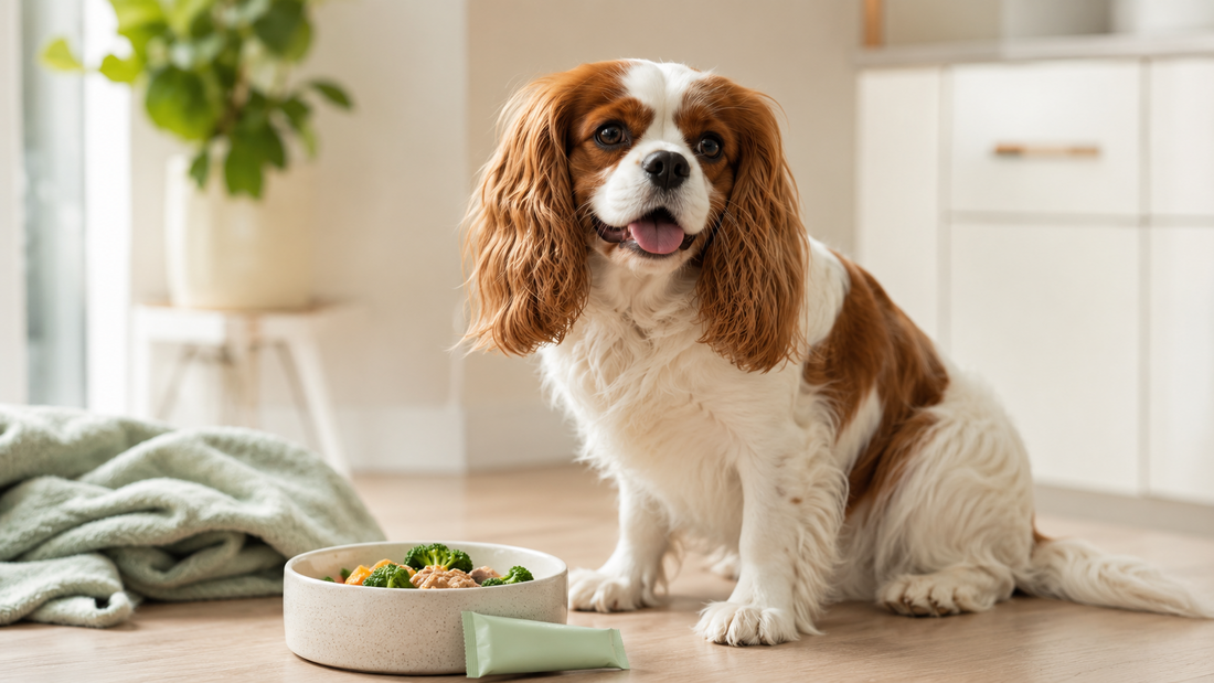 Cavalier King Charles Spaniel beside a fresh meal and supplement sachet in a bright kitchen — synbiotics for dog seasonal allergies