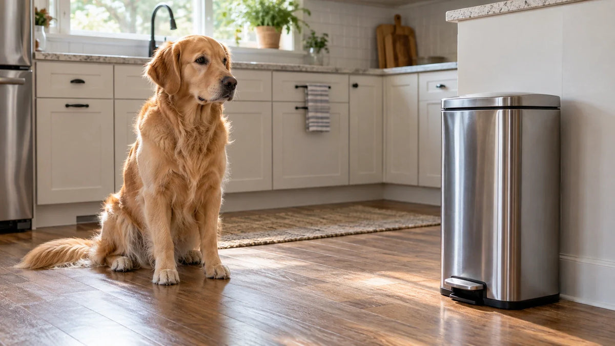 Golden retriever sitting near a closed kitchen trash bin