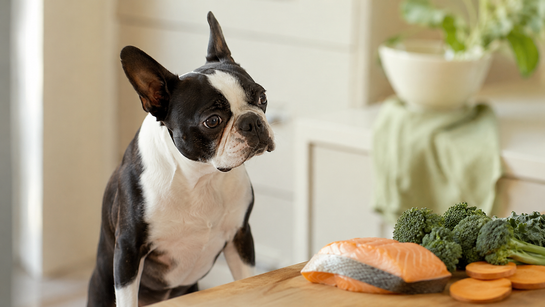 Boston Terrier curiously eyeing fresh vegetables and salmon on a wooden kitchen board, illustrating whether dogs can safely eat cucumbers