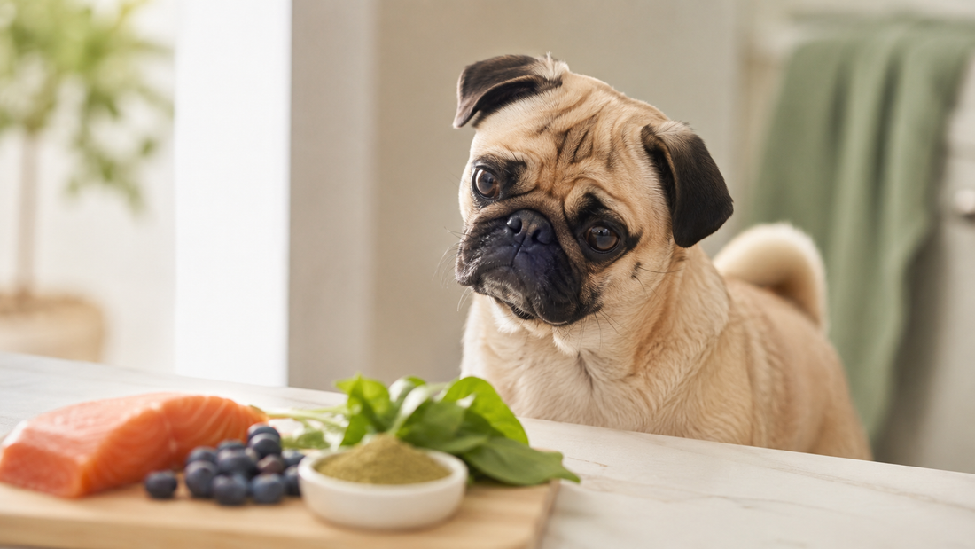 Pug tilting its head toward a board of salmon, blueberries and greens on a kitchen counter, illustrating a complete guide to dogs eating eggs and whole foods