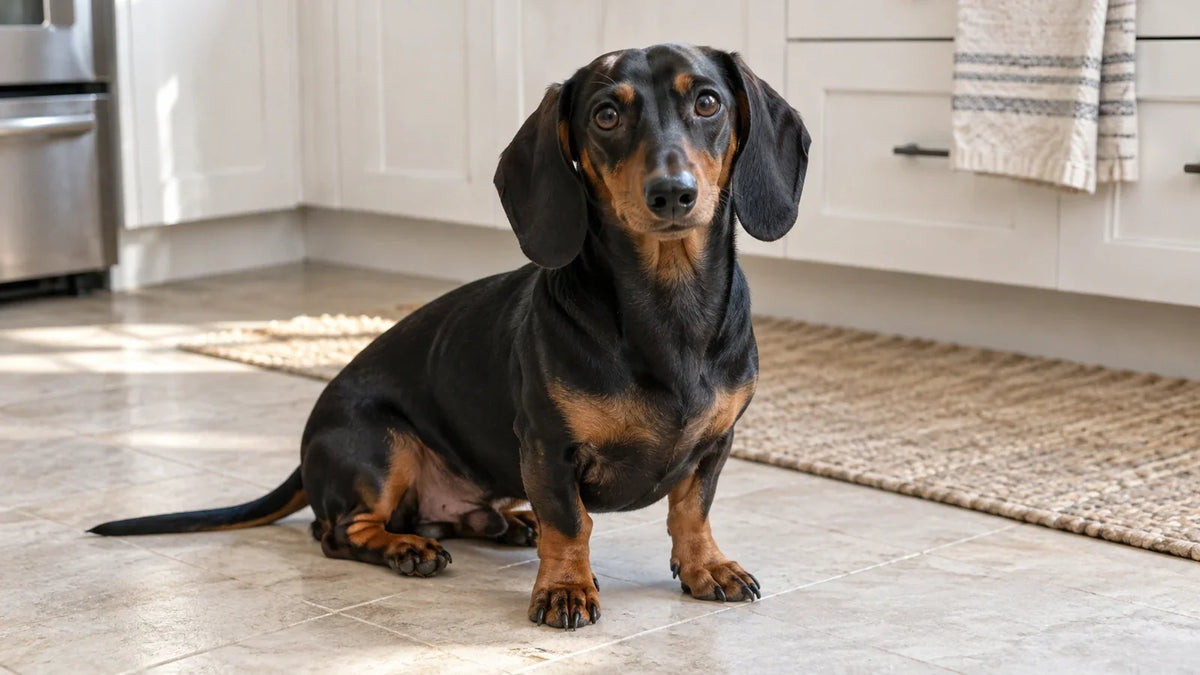 Dachshund sitting on a kitchen floor