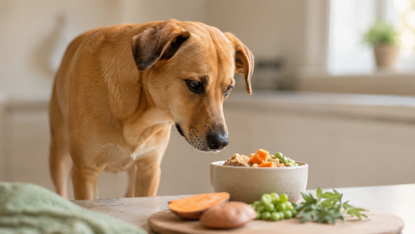 Tan rescue dog looking curiously at a bowl of fresh food on a kitchen counter — can dogs eat pineapple