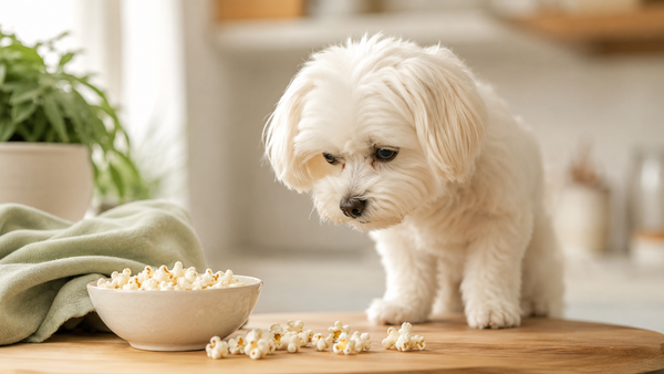 Curious Maltese looking at a bowl of plain popcorn on a wooden board, can dogs eat popcorn