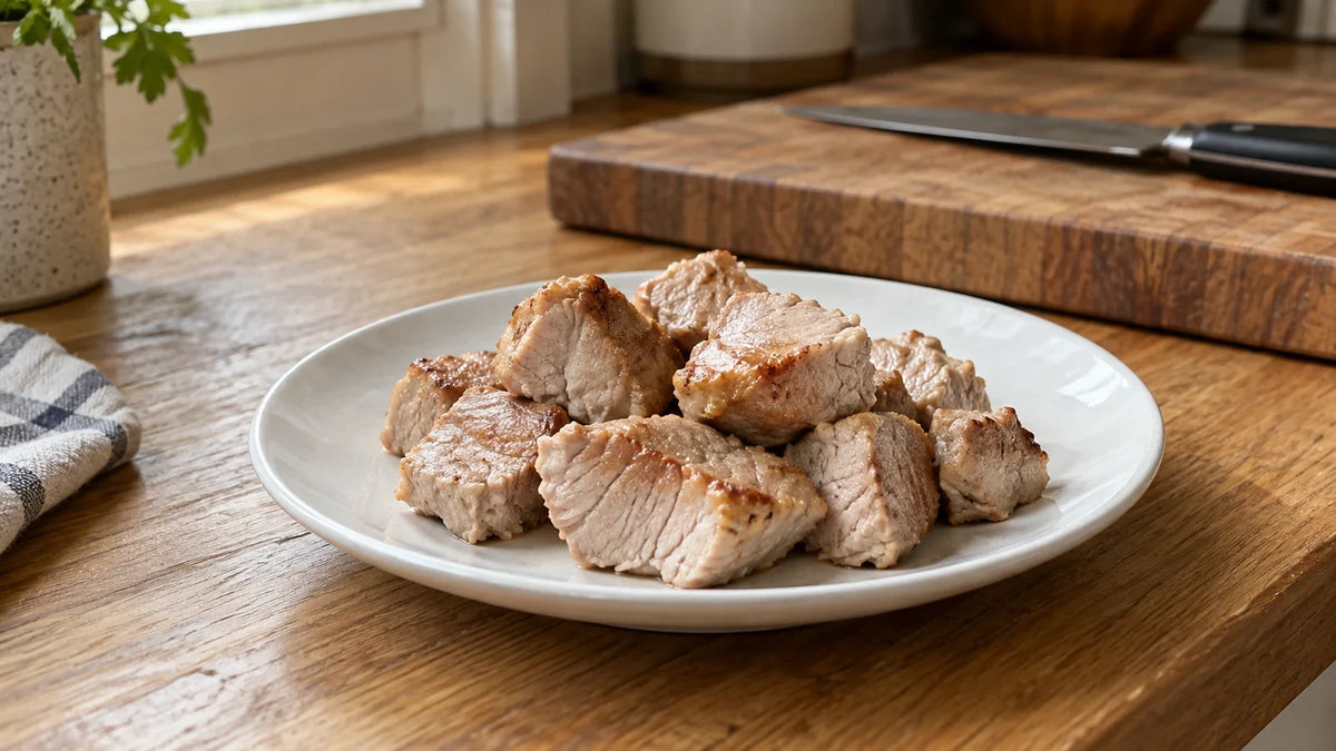 Cooked boneless pork pieces on a white plate