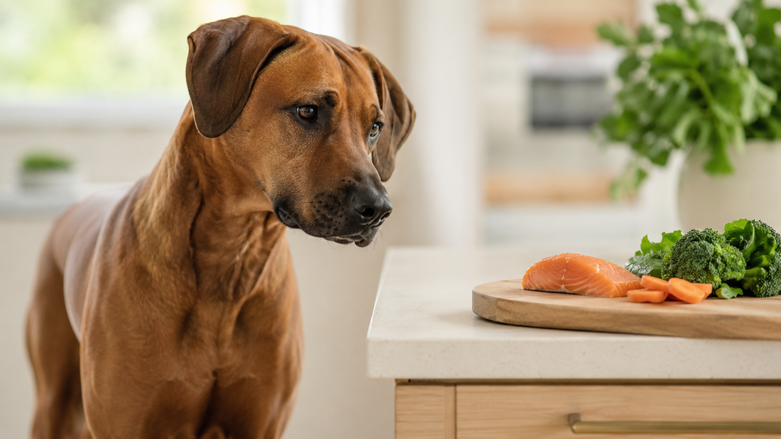 Rhodesian Ridgeback looking curiously at fresh salmon and vegetables on a kitchen board — can dogs eat salmon