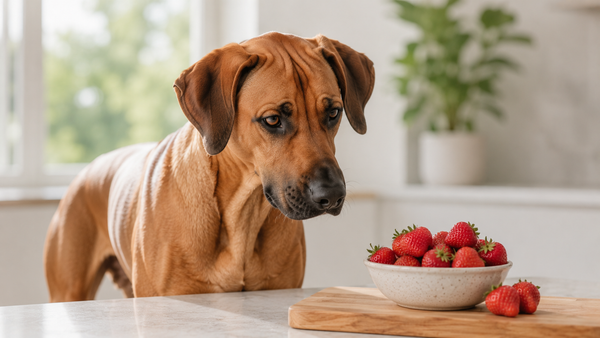 Rhodesian Ridgeback looking curiously at a bowl of fresh ripe strawberries on a kitchen counter, exploring whether dogs can eat strawberries safely