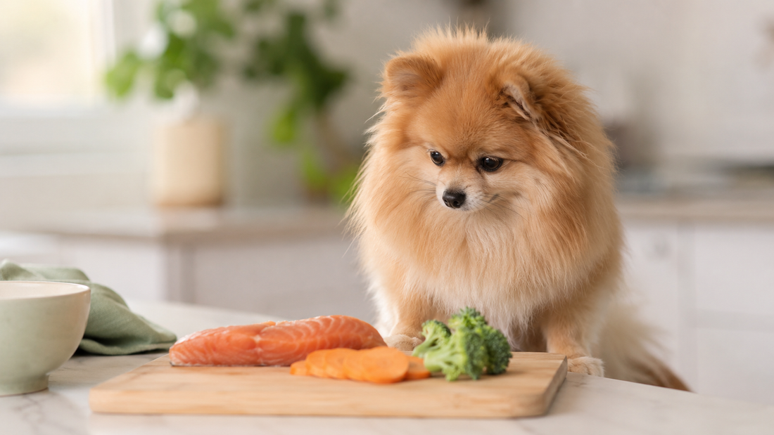 Pomeranian looking curiously at sweet potato and vegetables on a kitchen counter — can dogs eat sweet potatoes