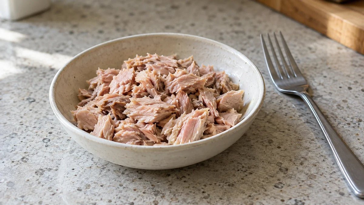 Flaked tuna in a ceramic dish on a kitchen counter