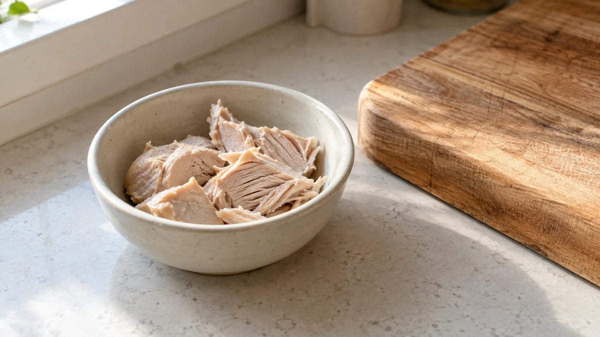 Plain cooked turkey pieces in a ceramic dish on a kitchen counter