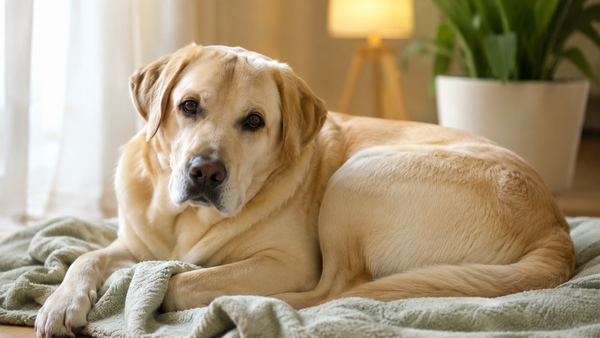 Calm yellow Labrador Retriever curled on a sage blanket in warm lamplight, illustrating supplements for dog anxiety