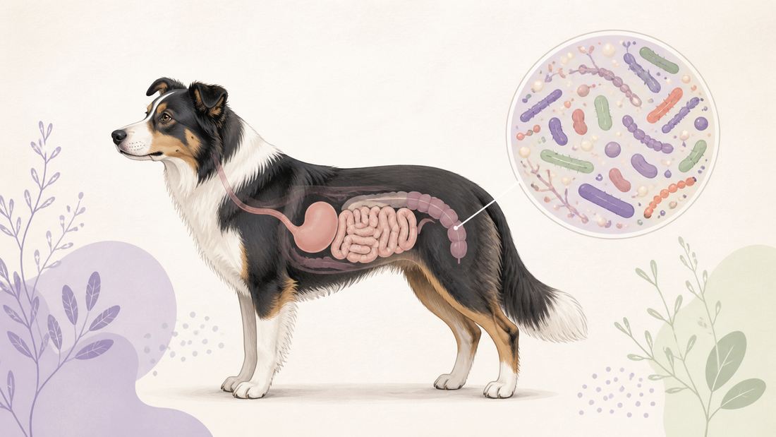 Illustrated canine digestive tract with a magnified view of diverse gut microbes