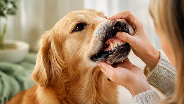Owner gently lifting a healthy Golden Retriever's lip to reveal clean teeth and fresh gums, illustrating canine periodontal disease care