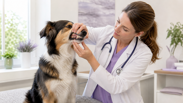 Veterinarian gently examining a dog's teeth and gumline during an oral-health assessment