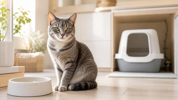 Calm cat beside a water bowl and litter box for a cat diarrhea vet-check guide