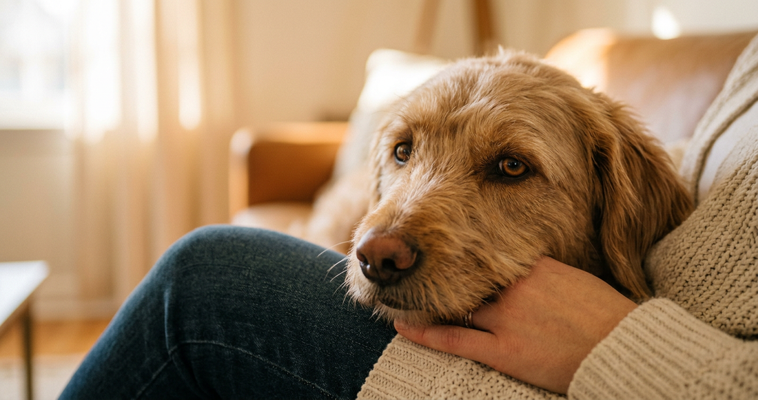 Calm dog resting on owner's lap with relaxed eyes — guide to best calming supplements for dogs 2026