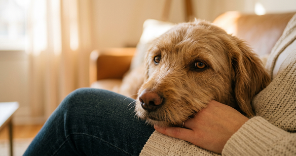 Calm dog resting on owner's lap with relaxed eyes — guide to best calming supplements for dogs 2026