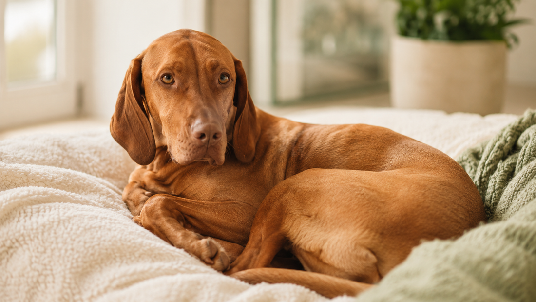 Vizsla curled calmly on a soft blanket in warm light — best calming supplements for dog anxiety