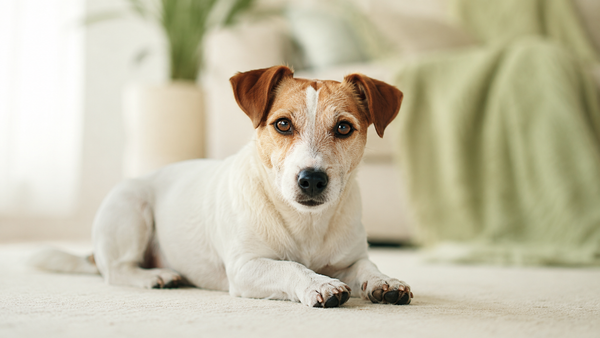 Healthy Jack Russell Terrier resting in a warm, calm home, illustrating how to choose the right vitamin and mineral supplement for your dog.