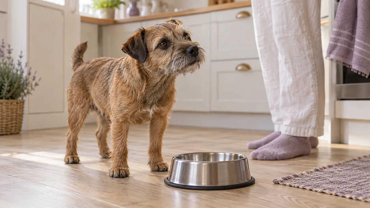 Brown terrier standing near a clean water bowl on a kitchen floor.