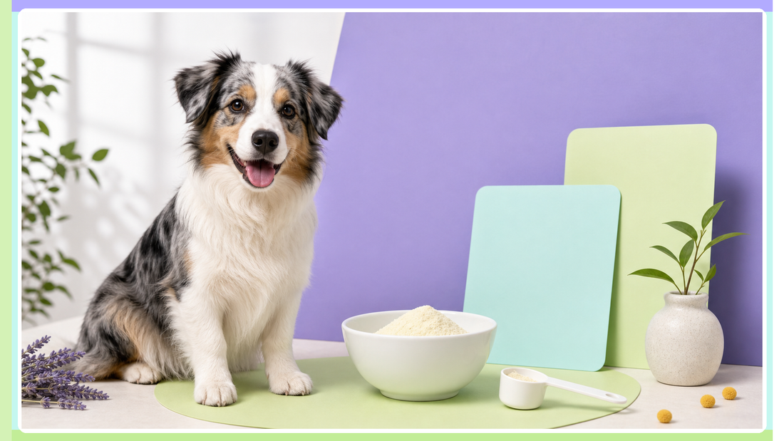 Dog beside a bowl of white supplement powder in Plentum brand colors for a colostrum research guide.
