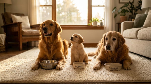 Three golden retrievers at puppy adult and senior stages