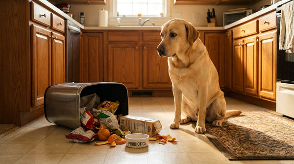 Yellow Labrador guiltily beside knocked-over trash can