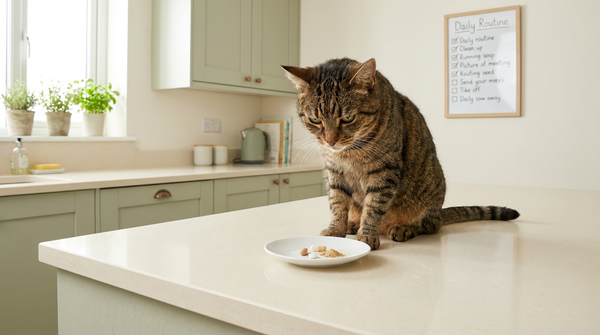 Tabby cat looking disdainfully at supplement dish