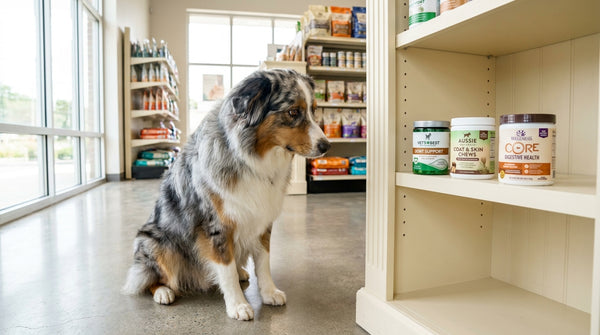 Australian shepherd in pet store choosing supplement