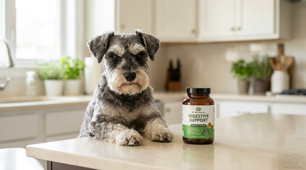 Miniature schnauzer examining supplement label skeptically