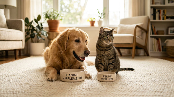 Golden retriever and tabby cat with species-specific supplements