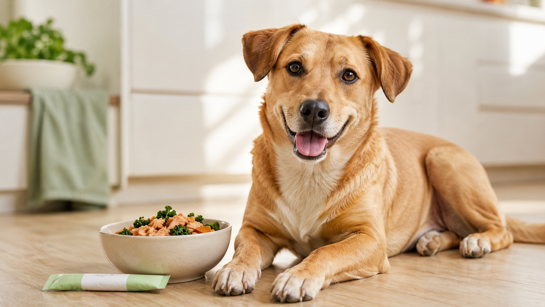 Happy tan rescue dog resting beside its food bowl in a bright kitchen - daily digestive supplement for dogs