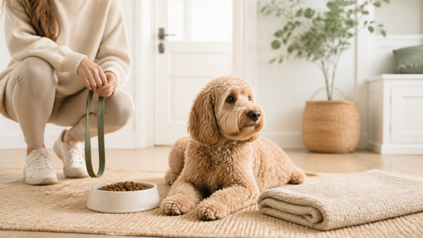 Relaxed dog beside daily routine items in a warm home