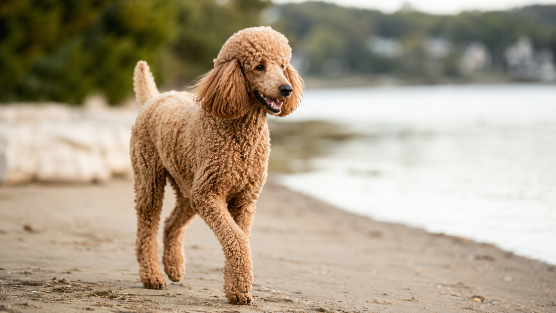 Healthy Standard Poodle with a glossy coat trotting by the water outdoors, illustrating DHA and EPA omega-3 benefits for dogs