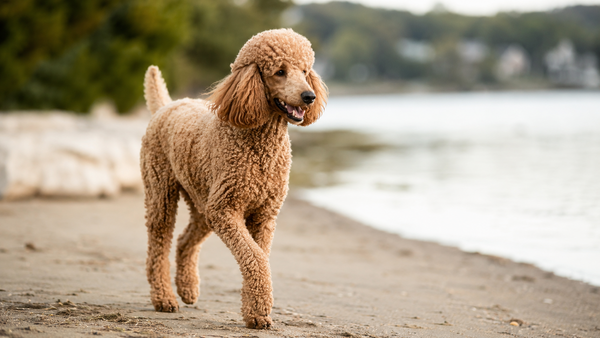 Healthy Standard Poodle with a glossy coat trotting by the water outdoors, illustrating DHA and EPA omega-3 benefits for dogs