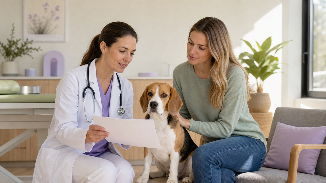 Veterinarian and dog owner reviewing digestive-support options with a beagle