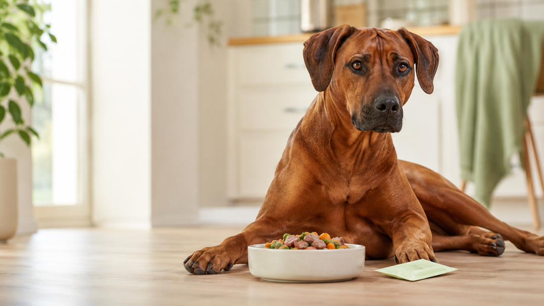 Rhodesian Ridgeback resting beside a fresh meal bowl in a bright calm kitchen, illustrating whether dog gut health supplements work